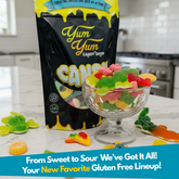 Yum Yum Candy Shop packaging with a bowl of gummy candies on a kitchen counter.